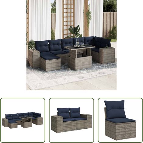 Gartentisch - 8-tlg. Garten-Sofagarnitur mit Kissen Grau Poly Rattan Akazie (1/5)