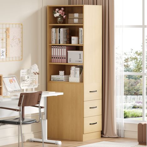 180 cm hohes, extra schmales Bücherregal mit seitlichen Schubladen - Verstellbare Böden, links und rechts austauschbar, geeignet für kleine Räume -Sideboard, Wohnzimmer-Hochschrank, Bücherregal (1/5)