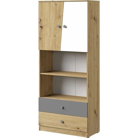 Estantería Almira 103, Roble Artisan + Blanco + Gris, Con puertas, Con cajones, Aglomerado laminado, Número de puertas: 2, Número de cajones: 2, 191x80x40cm