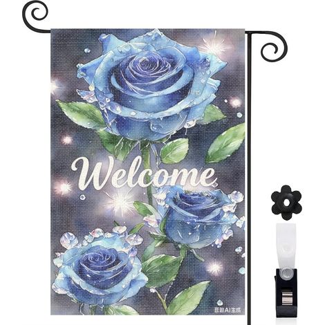 Drapeau de jardin roses bleues et feuilles vertes 30 x 45 cm décoration terrasse et extérieur (1/5)