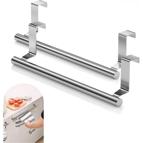 Set di 2 pezzi di portasciugamani da appendere alla porta, utensile da cucina, portasciugamani per ante di armadietti, acciaio inossidabile, argento (1/5)