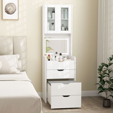 Coiffeuse de maquillage avec LED 3 couleurs, miroir rabattable, tabouret pliant rembourré, 3 tiroirs & portes vitrées, design moderne, blanc