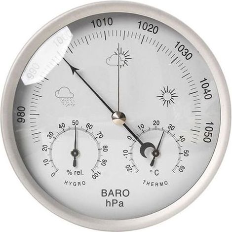 Station météo analogique inox Ø133mm – Baromètre 960-1060 hPa – Thermomètre -20°C à 50°C – Hygromètre 20 à 98% RH (1/4)