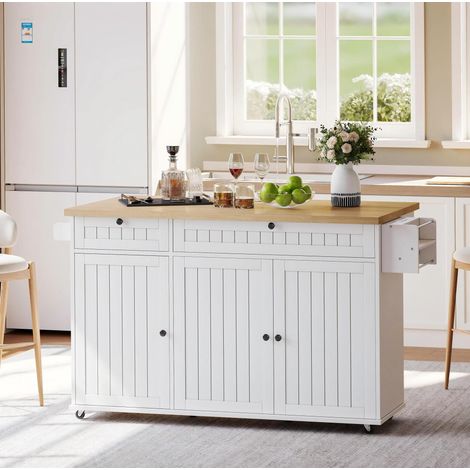 Isla de cocina con tablero abatible, 6 ruedas con freno, 2 cajones grandes, MDF blanco HAVRYA (1/5)