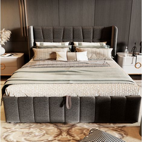 Lit double adulte 180x200 cm en tissu gris, avec rangement pour chambre, sans matelas FloraGrace (1/5)