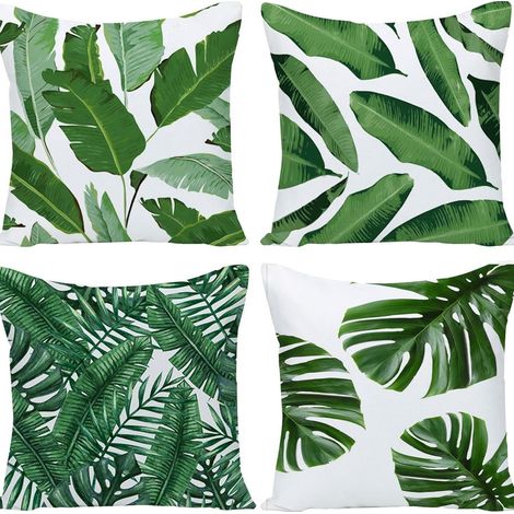 Lot de 4 housses de coussin tropicales, motifs feuilles vertes, 45x45 cm, pour canapé, lits, chaises, voiture, salon. (1/5)