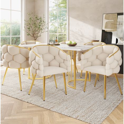 Ensemble de salle à manger 7 pièces MDF blanc effet marbre et métal doré, 1 table 140x80 cm avec 6 chaises en velours beige (1/5)