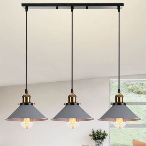 U-Do Suspension Luminaire Rétro 3 Douille Lustre en Métal Gris Lampe Longue Pôle Noir E27 40W décoration Salle à Manger Cuisine (1/4)
