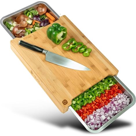 1 Planche à découper Bambou, Format XL, Bacs magnétiques, Cuisine familiale