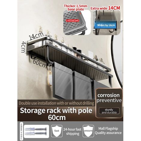 Étagère murale en aluminium noir épais de 60 cm (B) pour salle de bain, porte-shampoing, rangement et organisateur de cuisine. (1/5)