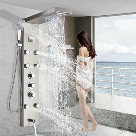 Colonne de Douche Thermostatique, Ensemble de Douche Hydromassage Acier Inox LCD Affichage Température d'Eau Nickel Brossé Douche Pluie Plusieurs Sorties D'Eau system De Douche (1/4)