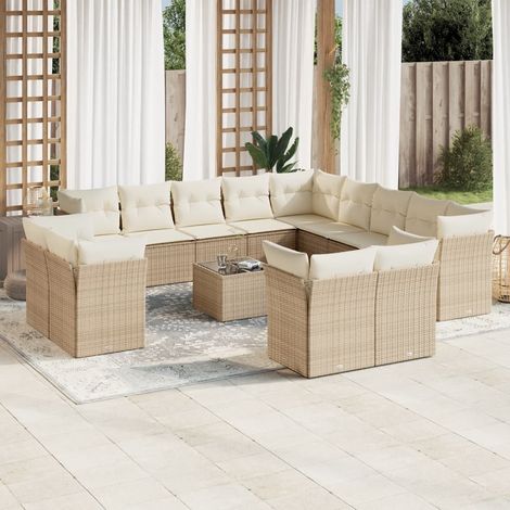 Ensemble de canapé de jardin 14 pièces avec coussins, en polyrotin beige (1/3)