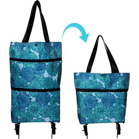 Chariot de courses pliable, sac réutilisable portable avec roues, cabas extra large 18L pour voyages, achats et camping, sac utilitaire rétractable à poignées. (1/5)