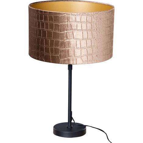 QAZQA Clásico/Antiguo Lámpara de mesa negra con pantalla de terciopelo diseño cocodrilo 35 cm - Parte Acero /Terciopelo /Textil Redonda Adecuado para LED Max. 1 x 60 Watt (1/3)
