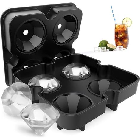 Bac à glaçons en silicone - Moules à glaçons - Bac à glaçons avec couvercle - Bac à glaçons - Forme diamant - Bac à glaçons pour whisky - Noir - 13 x 13 x 4 cm - Silicone noir (1/5)