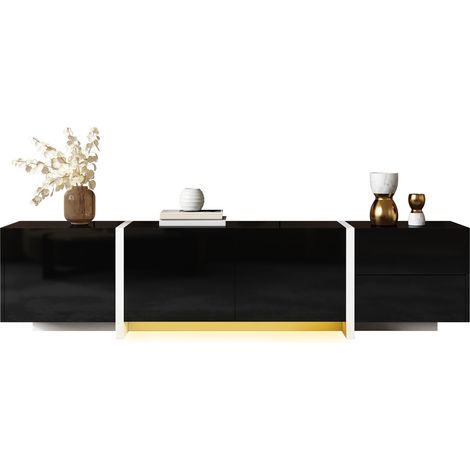 Mueble TV con 3 Puertas, 1 Cajón y 1 Puerta abatible con LED, Frente Brillante, en Tablero de Partículas, 170×30×39 cm, Negro Blanco (1/5)