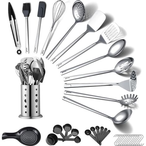 Ensemble d’ustensiles de cuisine en acier inoxydable 40 pièces avec porte-ustensiles, gadgets de cuisine, essentiels de cuisine, ensemble de spatules en métal (1/5)