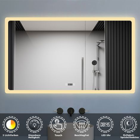 LED Badspiegel mit Uhr 3 Lichtfarbe Dimmbar Beschlagfrei Speicherfunktion Badezimmer Spiegel mit Beleuchtung CE IP44 120x70cm Horizontale Installation (1/5)