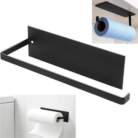 Self-adhesive toilet paper holder in black carbon steel – Length 25cm – Drill-free installation for kitchen and bathroom (1/5)