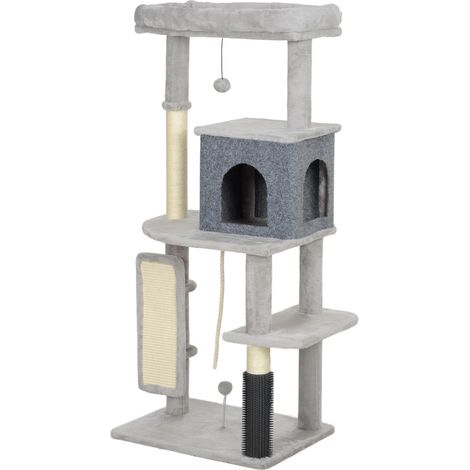 Arbre à chat multi-niveaux de 132 cm de haut avec maisonnette, couchage, griffoirs, brosse et balle, gris