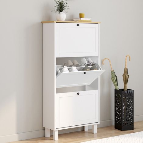 ACHILLE Zapatero 3 puertas 18 pares blanco con estante de madera