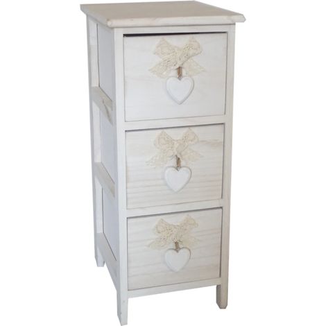 Cassettiera Slim Shabby Chic in Legno Bianco Washed con Pomoli a Cuore Pendente 3 Cassetti 32 x 63 centimetri (1/4)
