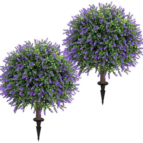 Set of 2 Artificial Lavender Ball Topiaries 24 Inches with Stake – Evergreen Artificial Shrubs for Indoor and Outdoor Decoration (1/5)