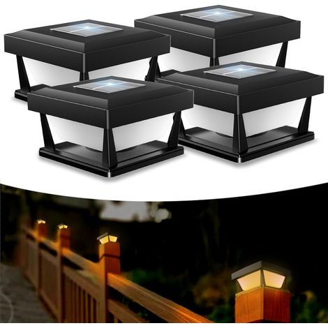 Lampe Solaire Chapeau de Poteau, IP65 étanche Lampadaire Solaire Extérieur, Lampe Solaire pour Poteau de Clôture Lumière Chaude pour Poteaux en Bois Clôture (Lot de 4)
