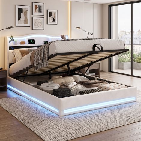 Superaly Lit double hydraulique 140x200 cm, Tête de lit capitonné avec espace de rangement, Éclairage LED télécommandé, Port USB, Sommier à lattes, Adapté aux adolescents et adultes, Velours, Beige (1/5)