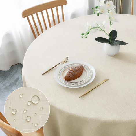 Tischdecke rund Ø100cm beige, abwaschbar, wasserabweisend, Leinen-Optik