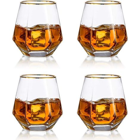 4 Verres à Whisky Géométriques Inclinés – Style Diamant
