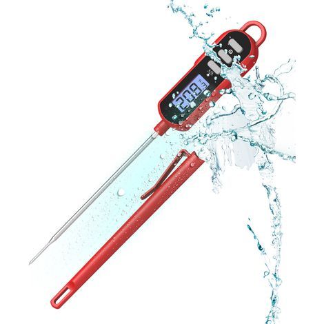 Kitchen Thermometer,Instant Read Kitchen Thermometer with Long Probe and LCD Display,IPX6 Waterproof for Cooking,Baking,Meat,Hot Drinks,BBQ - Red