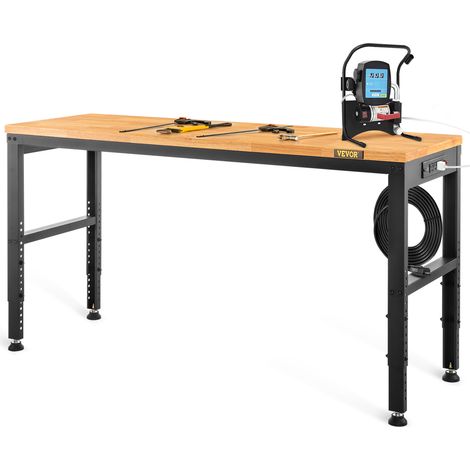 VEVOR Etabli reglable, 1220 x 510 mm, table de travail de garage, hauteurs de 720-970 mm, capacite de 900 kg, avec prises de courant, plateau en bois dur, cadre en metal et patins de pied pour bureau