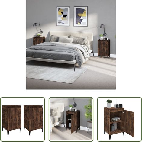 vidaXL Mesitas noche 2 uds madera contrachapada roble humo 40x35x70 cm (1/5)