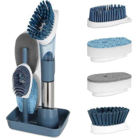 EASYCOMFORT Brosse à Vaisselle 4 en 1 avec Distributeur de Liquide, Manche et Support - Brosse de Cuisine Rechangeable pour Lavage Vaisselle, Nettoyage Casserole, Poêle et Évier, Bleu (1/5)
