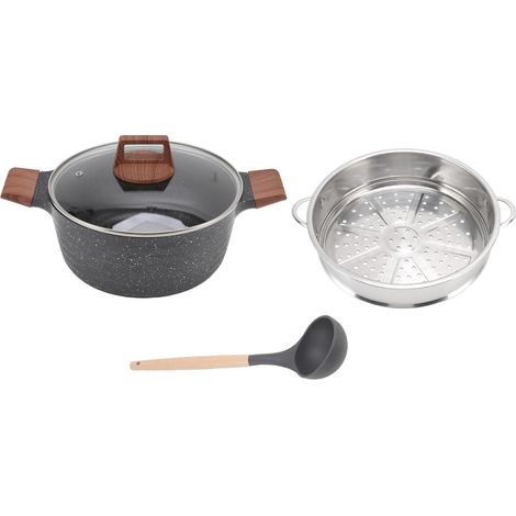 Marmite en alliage d'aluminium avec couvercle transparent antiadhésif et poignée anti-brûlure, compatible avec les plaques à induction et à gaz, noire. (1/5)