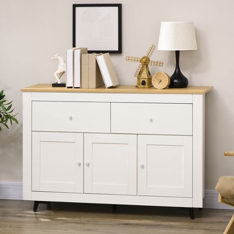 Küchen-Sideboard mit 2 Schubladen, 3 Türen und verstellbarem Einlegeboden, für Küche, Esszimmer, Wohnzimmer, 117 x 35 x 80 cm, weiß