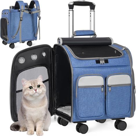 Sac à Dos avec roulettes pour Chiens et Chats, Poussette de Voyage pour Animaux, Sac à Dos de Transport 2 en 1 avec Maille Respirant, Trolley pour Petit et Moyen Chats/Chiens (Bleu)