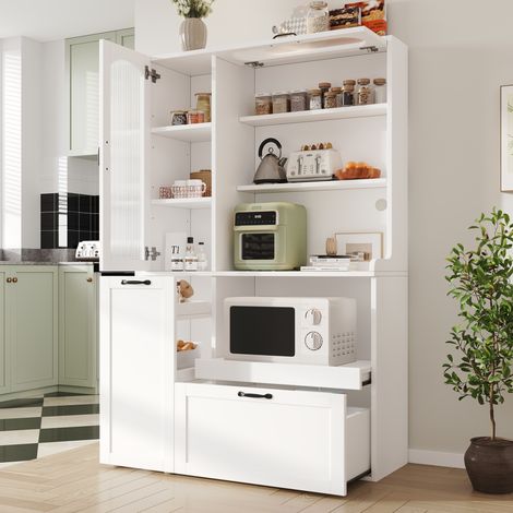 Aparador alto blanco de MDF con estantes ajustables, cajones y vidrio estriado, 98 x 40 x 177 cm (1/5)