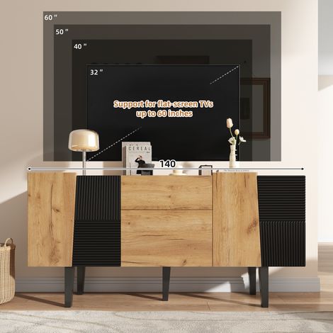 Sideboard aus Spanplatte in Eicheoptik mit 4 Türen, 2 Schubladen und verstellbaren Einlegeböden, 140 x 40 x 70 cm