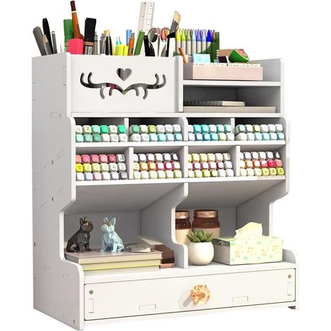 Organizador de escritorio blanco para armar con cajón, gran capacidad para suministros.