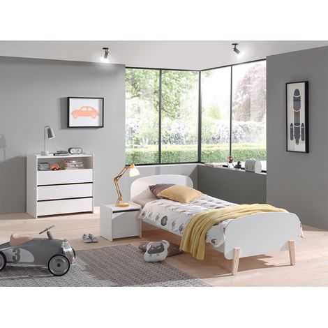 Lit 90x200 - Chevet 1 porte et Commode 3 tiroirs Vipack Kiddy - Blanc (1/4)