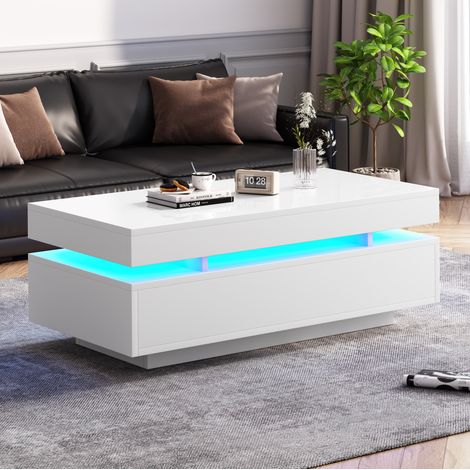 Mesa baja LED blanca brillante 100 x 50 x 35 cm con 2 cajones, mesa de salón moderna multifuncional (1/5)