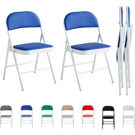 Set of 2 Faux Leather Foldable Chair with Metal Frame and Padded Seat BLUE
