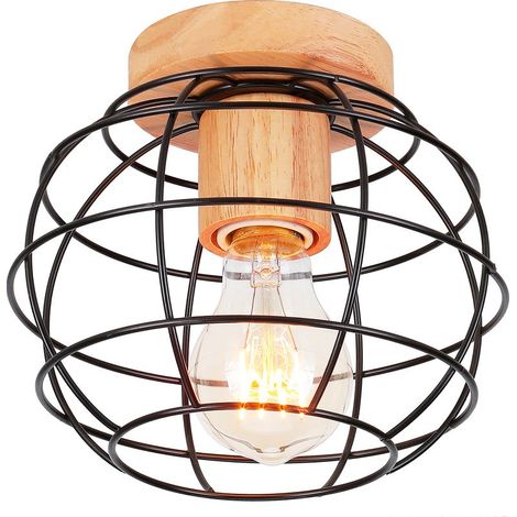 Plafonnier Vintage Rétro Luminaire Industrielle en Métal et Bois E27 40W Noir (1/5)
