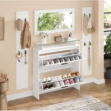 Conjunto armario de entrada 4 piezas con espejo, mueble para zapatos blanco 89,5 x 23 x 96,5 cm (1/5)
