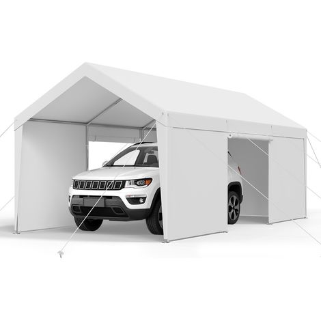 Tente Garage, 3,65 x 6,09 m, Carport Abri de Voiture Extérieur avec Parois Latérales Amovibles et Portes, Résistant aux UV et à l'Eau, Protection Toutes Saisons pour Automobile et Bateau, Blanc (1/5)
