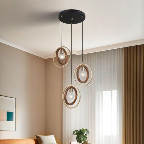 Lustre à lacets, corps en métal avec capuchon en bois, hauteur réglable 45-180 cm, 3 douilles E27, éclairage pour les espaces modernes (1/3)