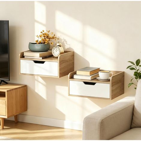 2er-Set wandmontierte Nachttische mit Schublade, Ablage mit erhöhtem Rand, Natur/Weiß OKMYHOME (1/5)