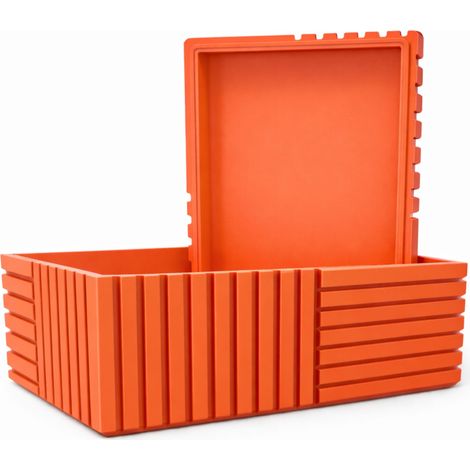 Orangefarbene, geriffelte Aufbewahrungsbox mit Deckel für kleine Büroartikel (1/3)